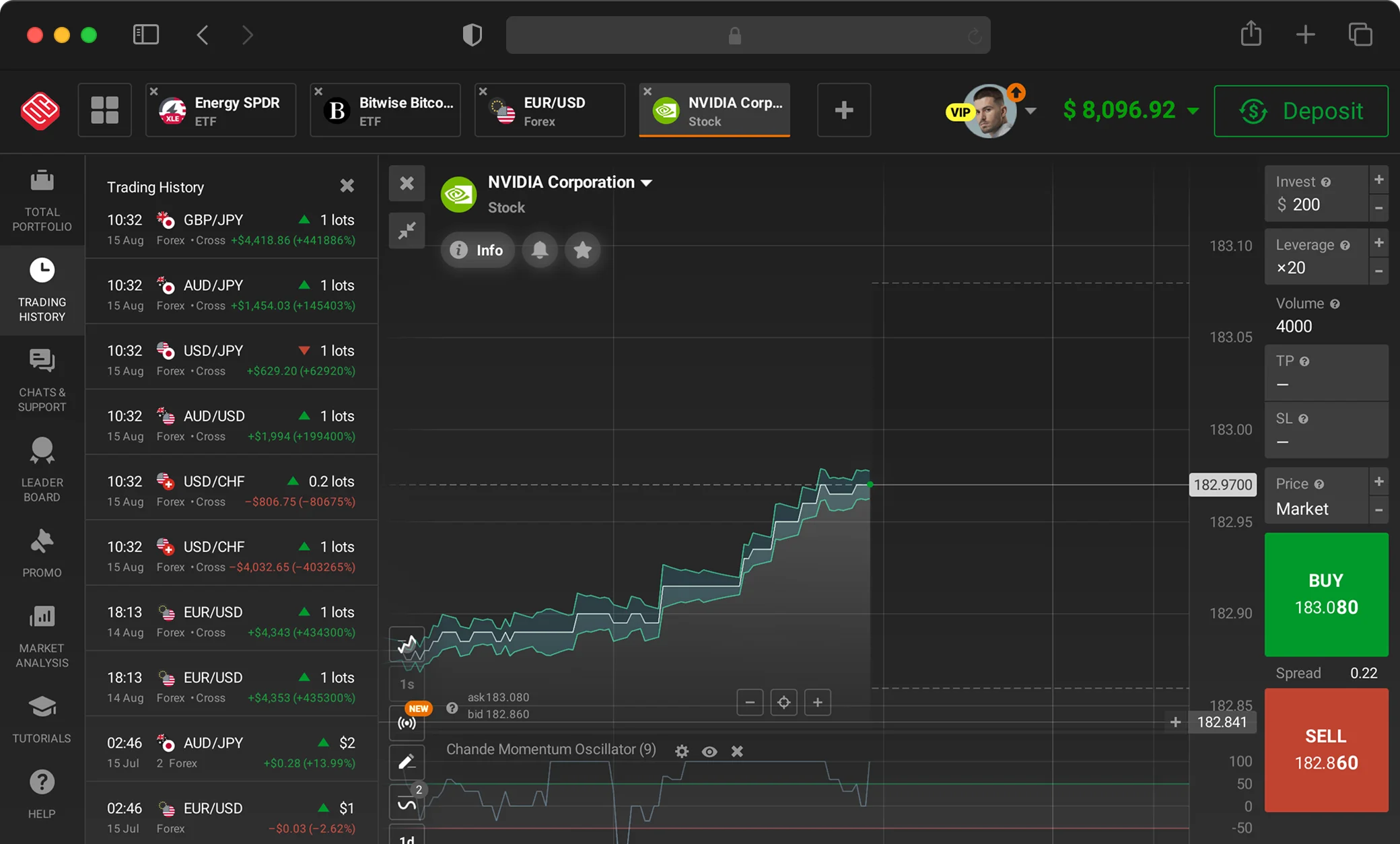 Quadcode browser trading platform interface